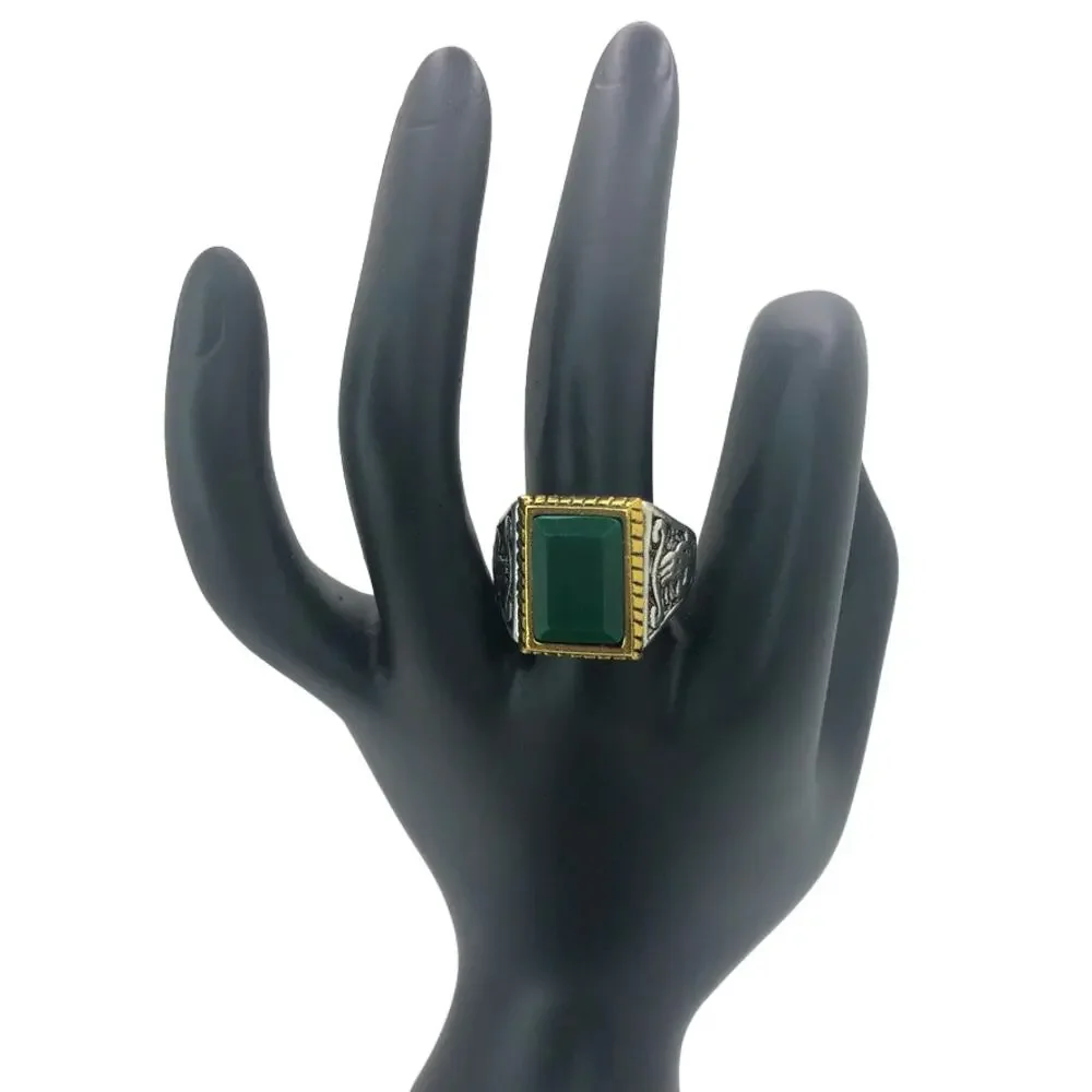 Silver and Gold Boho Ring with Green Stone - Size 8.5